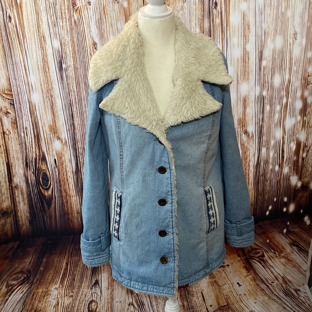 Free People Fir Lined Denim Embroidered Jacket